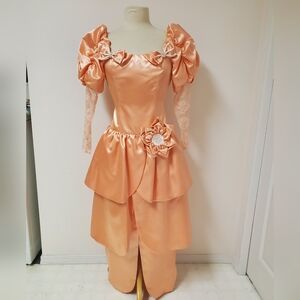80s Peach Coral Satin Vintage Handmade Dress Puff Shoulders Tiered Skirt